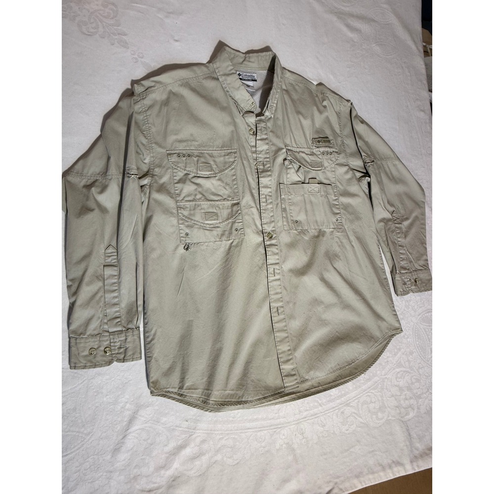 Columbia PFG Bahama II Long Sleeve Fishing Shirt Khaki Tan Mens Medium